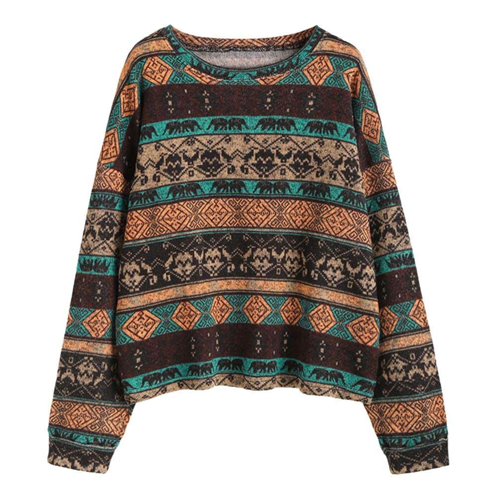 ZAFUL Women's Tribal Ethnic Graphic Cropped Knitwear Bohemian Long Sleeve Pullover Sweater Boho Drop Shoulder Knitted Top
