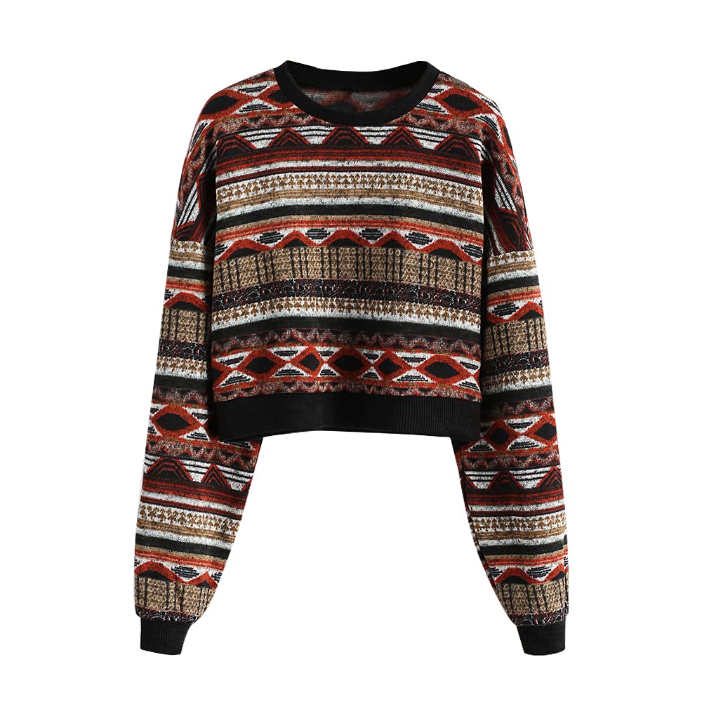 ZAFUL Women's Tribal Ethnic Graphic Cropped Knitwear Bohemian Long Sleeve Pullover Sweater Boho Drop Shoulder Knitted Top
