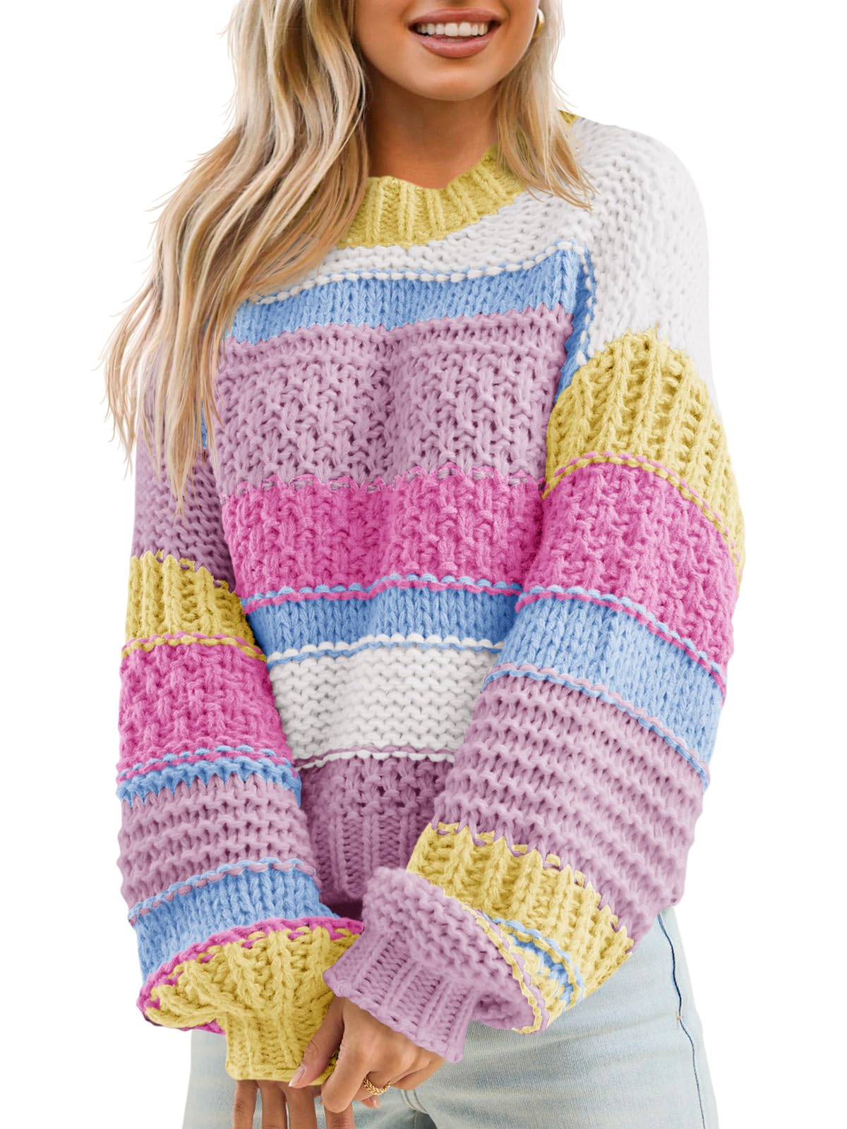 Saodimallsu Womens Color Block Sweater Striped Chunky Knit Cropped Sweaters