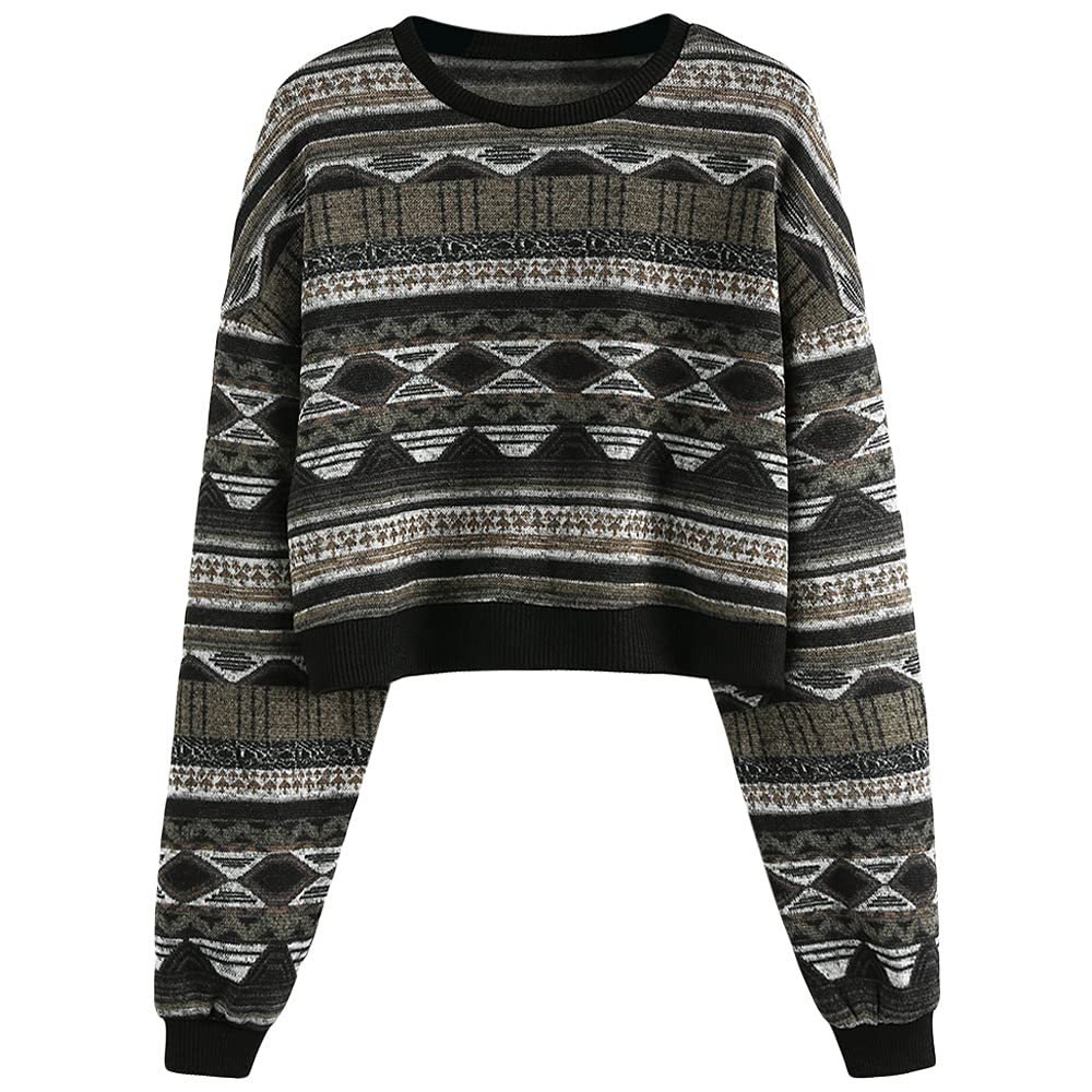 ZAFUL Women's Tribal Ethnic Graphic Cropped Knitwear Bohemian Long Sleeve Pullover Sweater Boho Drop Shoulder Knitted Top