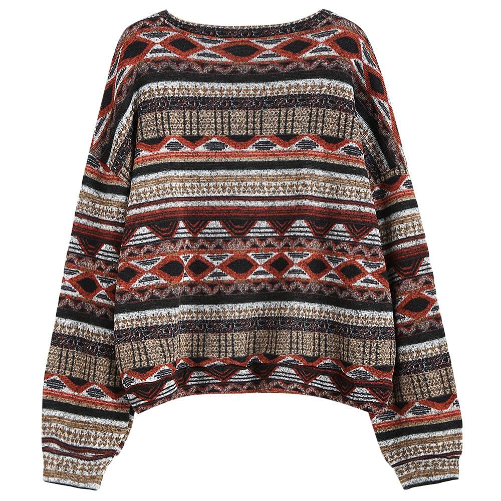 ZAFUL Women's Tribal Ethnic Graphic Cropped Knitwear Bohemian Long Sleeve Pullover Sweater Boho Drop Shoulder Knitted Top
