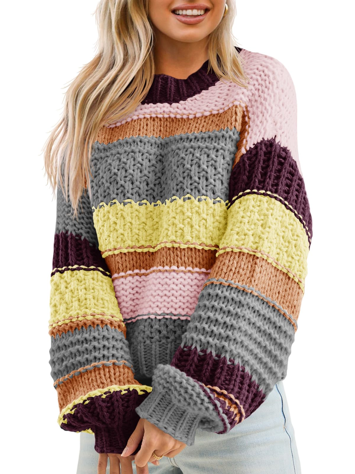 Saodimallsu Womens Color Block Sweater Striped Chunky Knit Cropped Sweaters