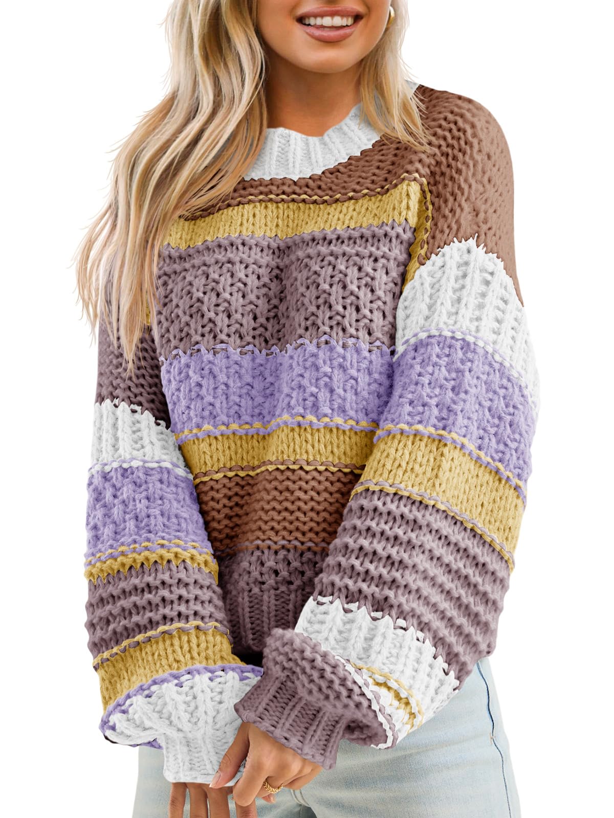 Saodimallsu Womens Color Block Sweater Striped Chunky Knit Cropped Sweaters