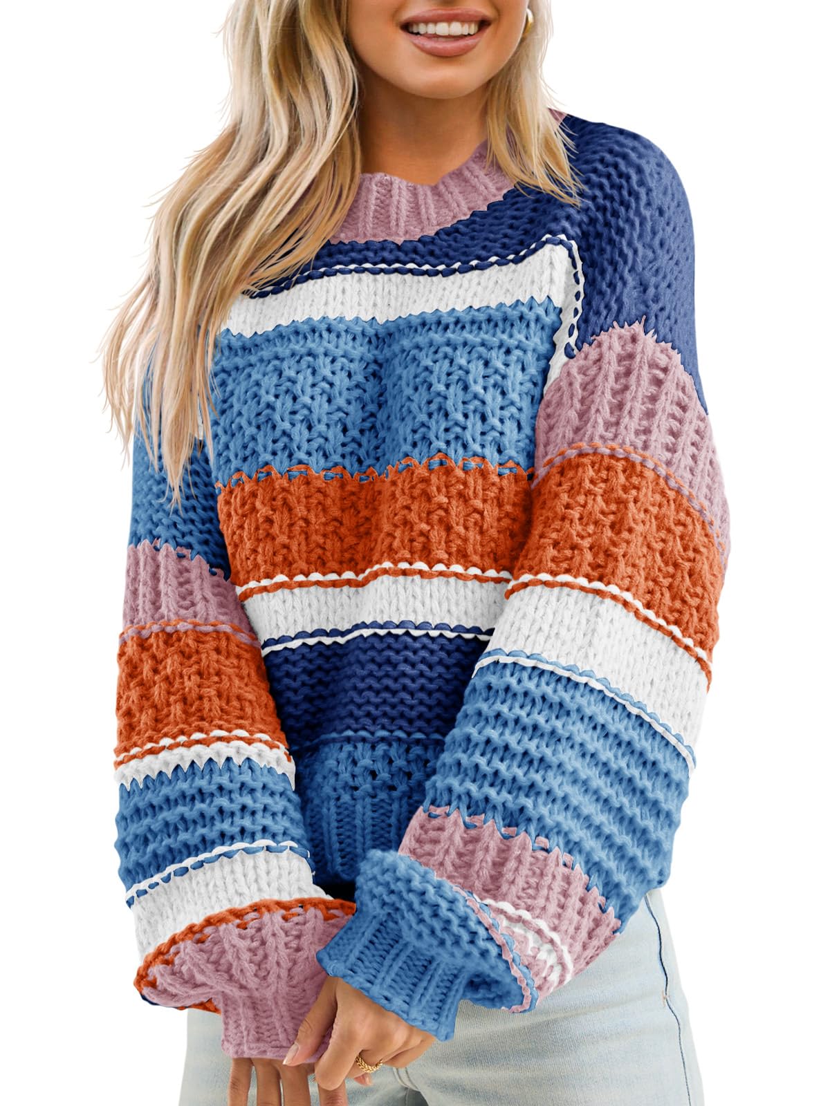 Saodimallsu Womens Color Block Sweater Striped Chunky Knit Cropped Sweaters