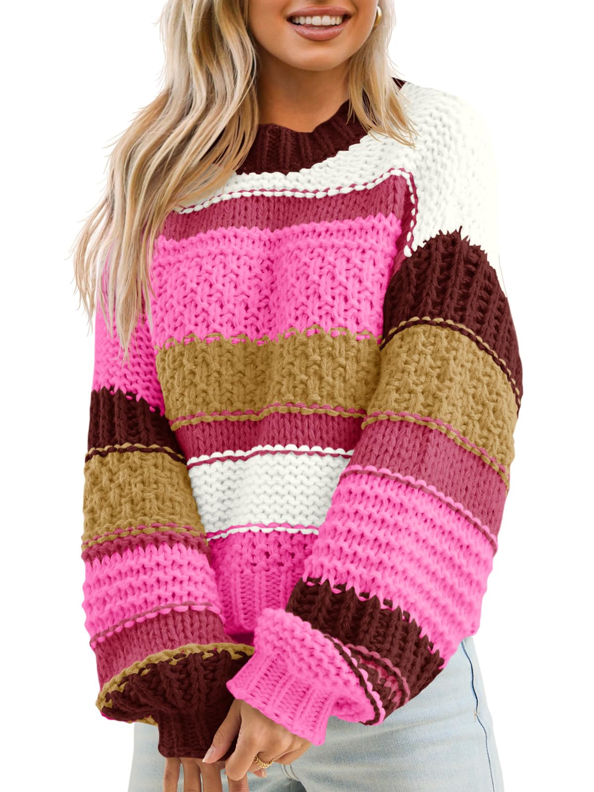 Saodimallsu Womens Color Block Sweater Striped Chunky Knit Cropped Sweaters