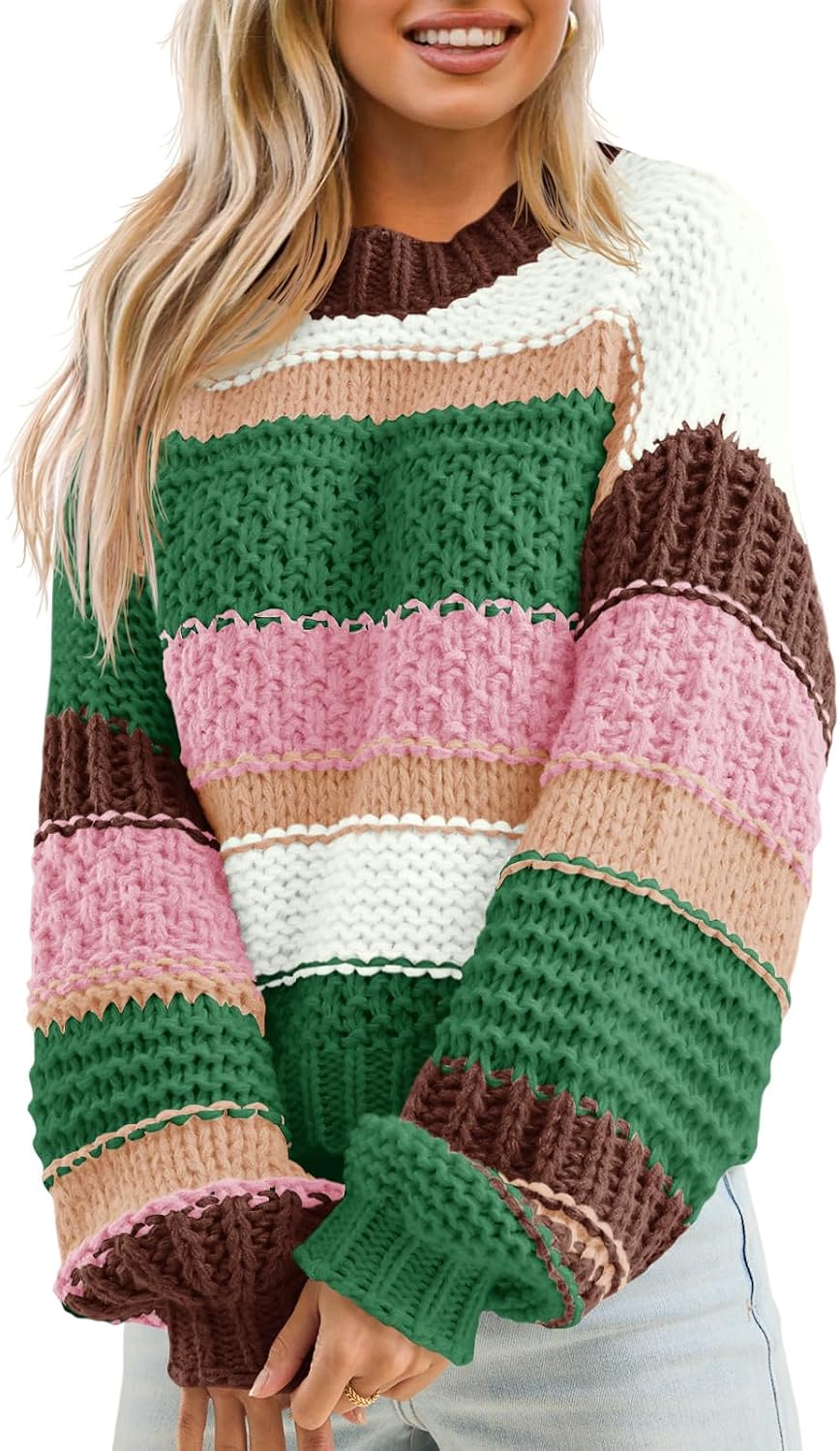 Saodimallsu Womens Color Block Sweater Striped Chunky Knit Cropped Sweaters