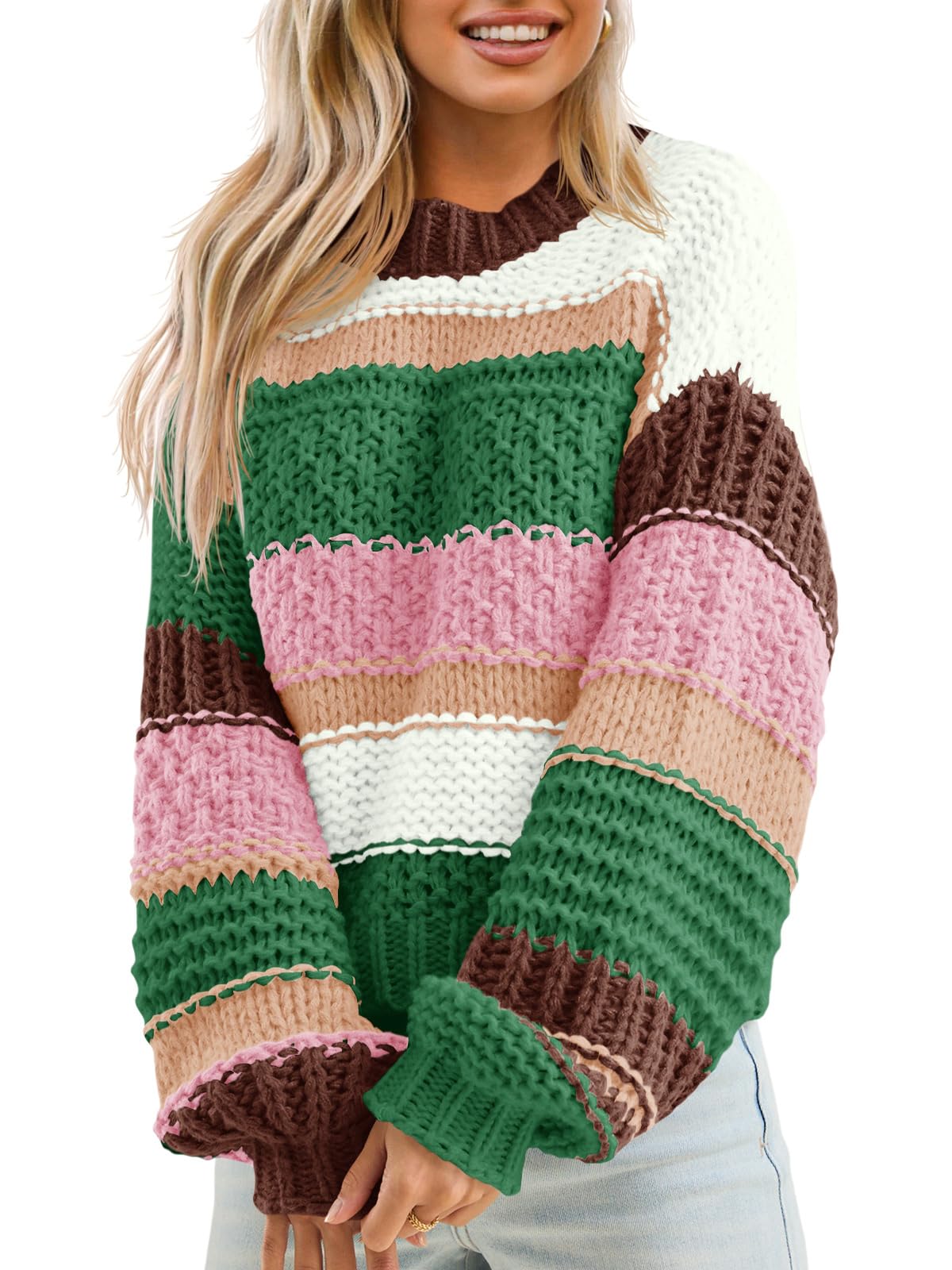 Saodimallsu Womens Color Block Sweater Striped Chunky Knit Cropped Sweaters