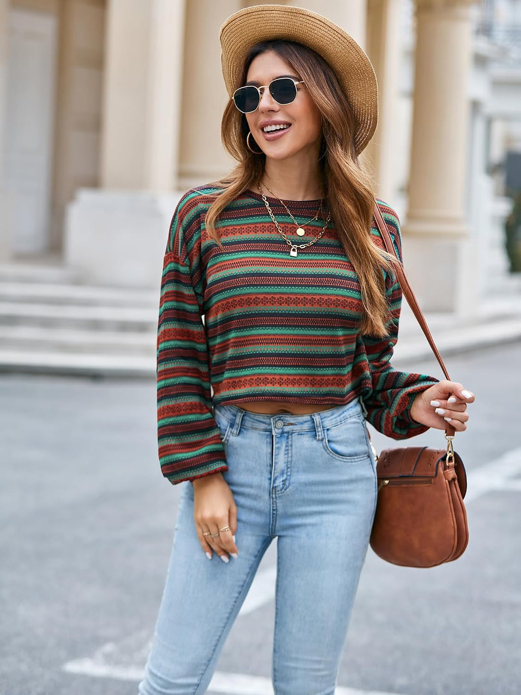 ZAFUL Women's Tribal Ethnic Graphic Cropped Knitwear Bohemian Long Sleeve Pullover Sweater Boho Drop Shoulder Knitted Top