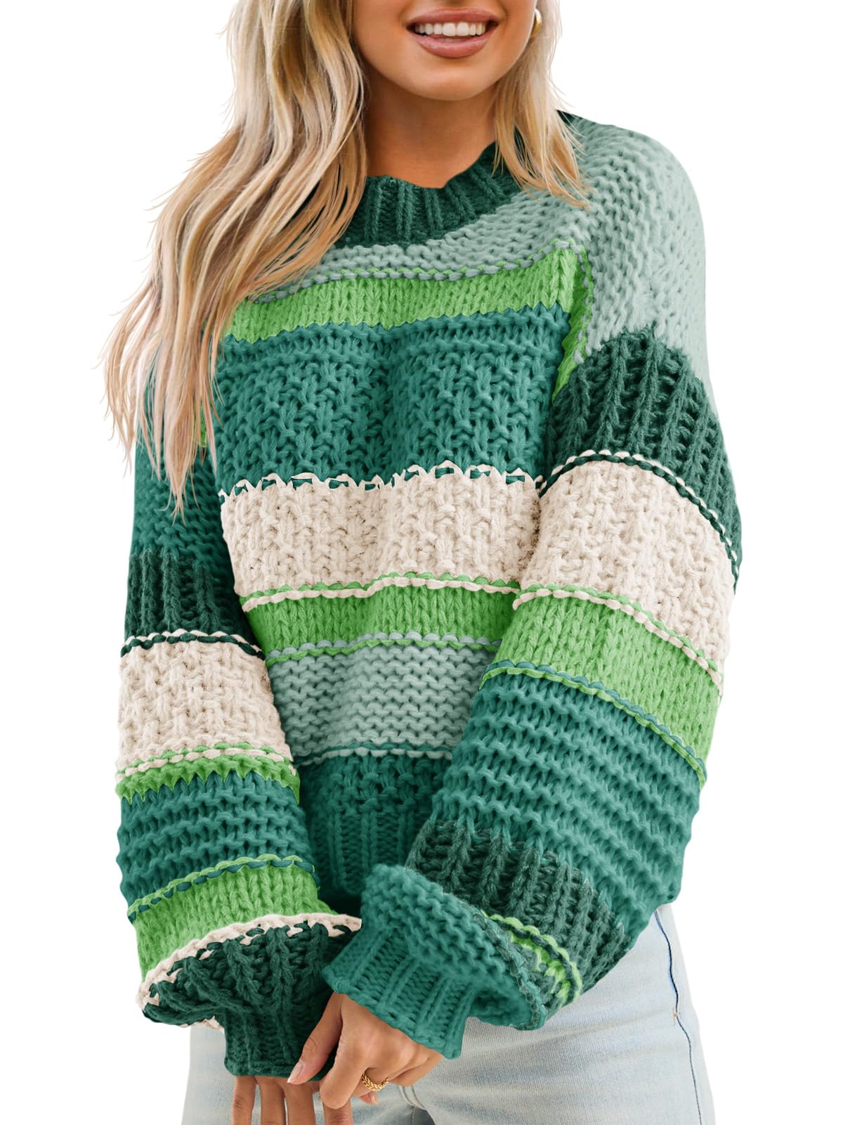 Saodimallsu Womens Color Block Sweater Striped Chunky Knit Cropped Sweaters