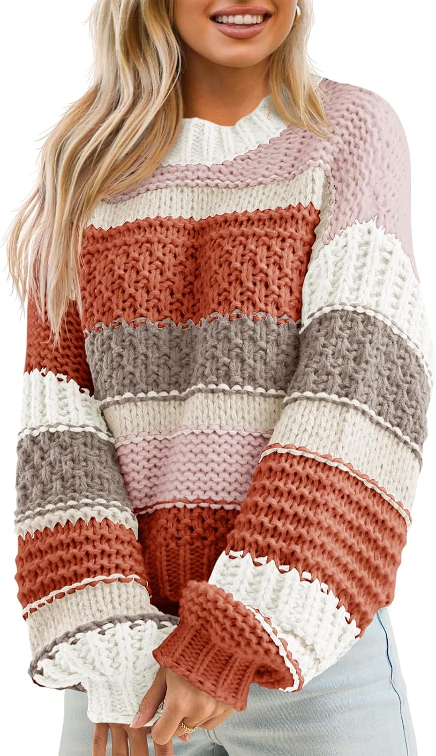 Saodimallsu Womens Color Block Sweater Striped Chunky Knit Cropped Sweaters