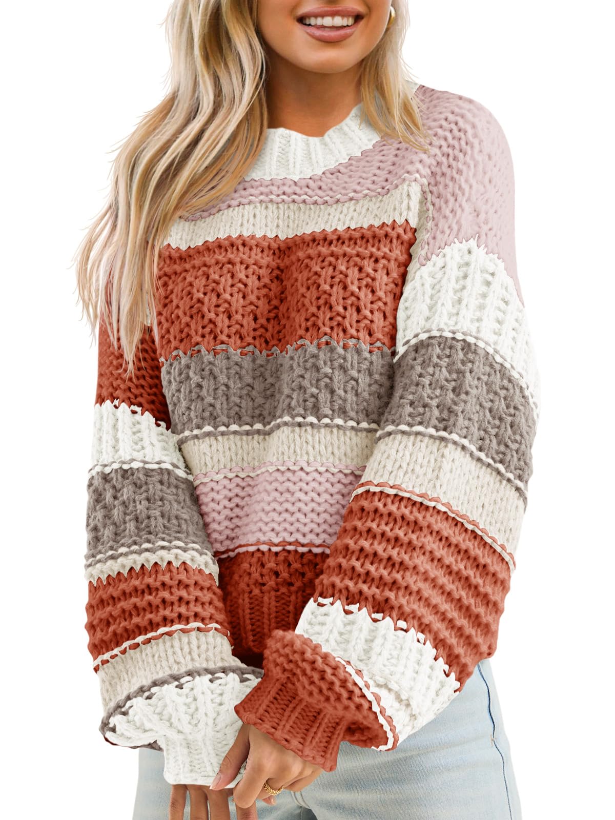 Saodimallsu Womens Color Block Sweater Striped Chunky Knit Cropped Sweaters