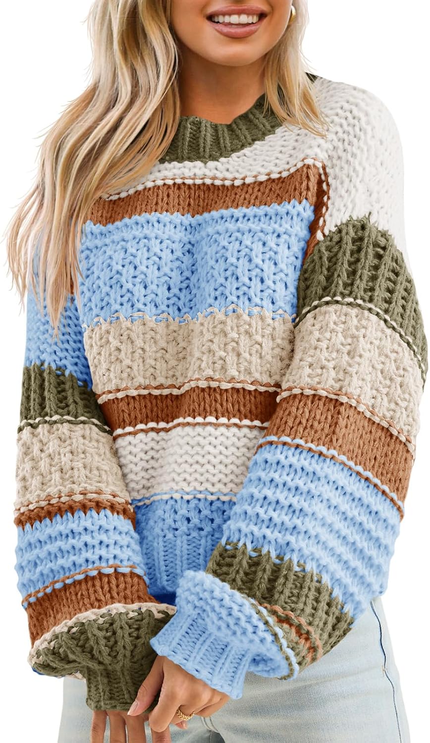 Saodimallsu Womens Color Block Sweater Striped Chunky Knit Cropped Sweaters