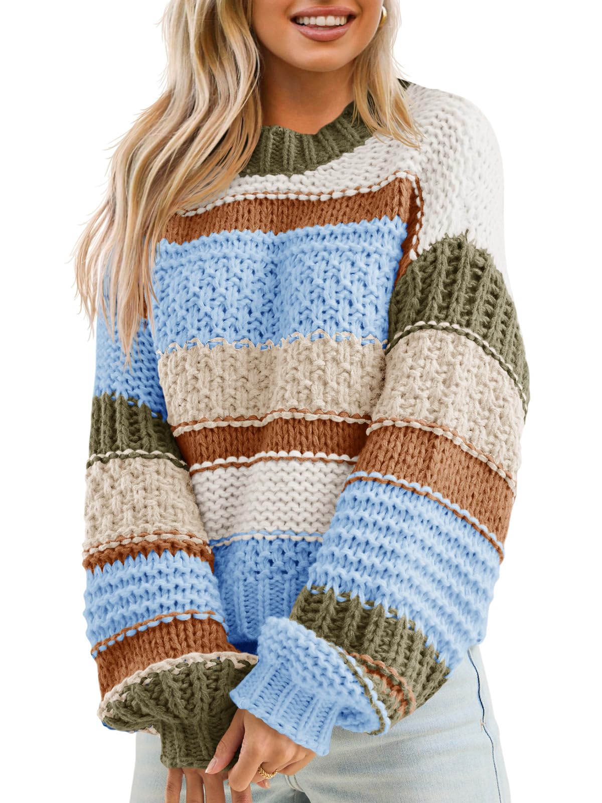 Saodimallsu Womens Color Block Sweater Striped Chunky Knit Cropped Sweaters