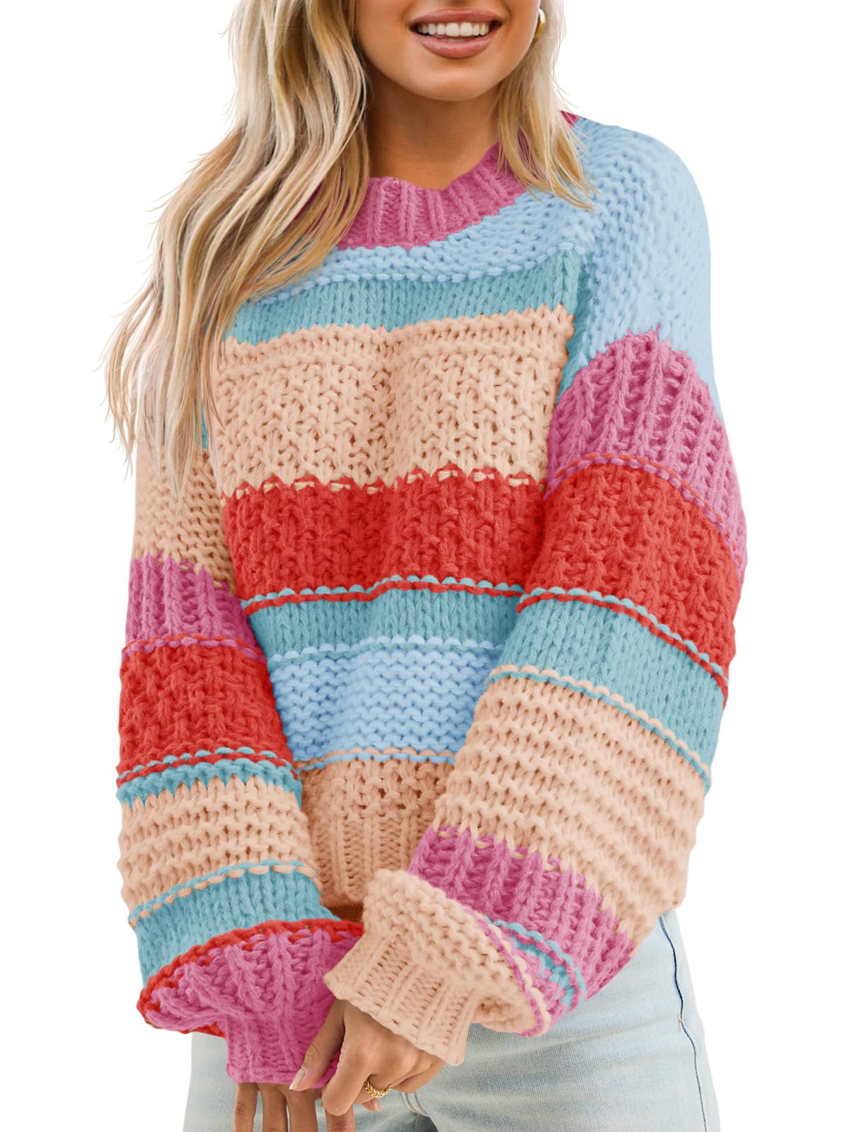 Saodimallsu Womens Color Block Sweater Striped Chunky Knit Cropped Sweaters