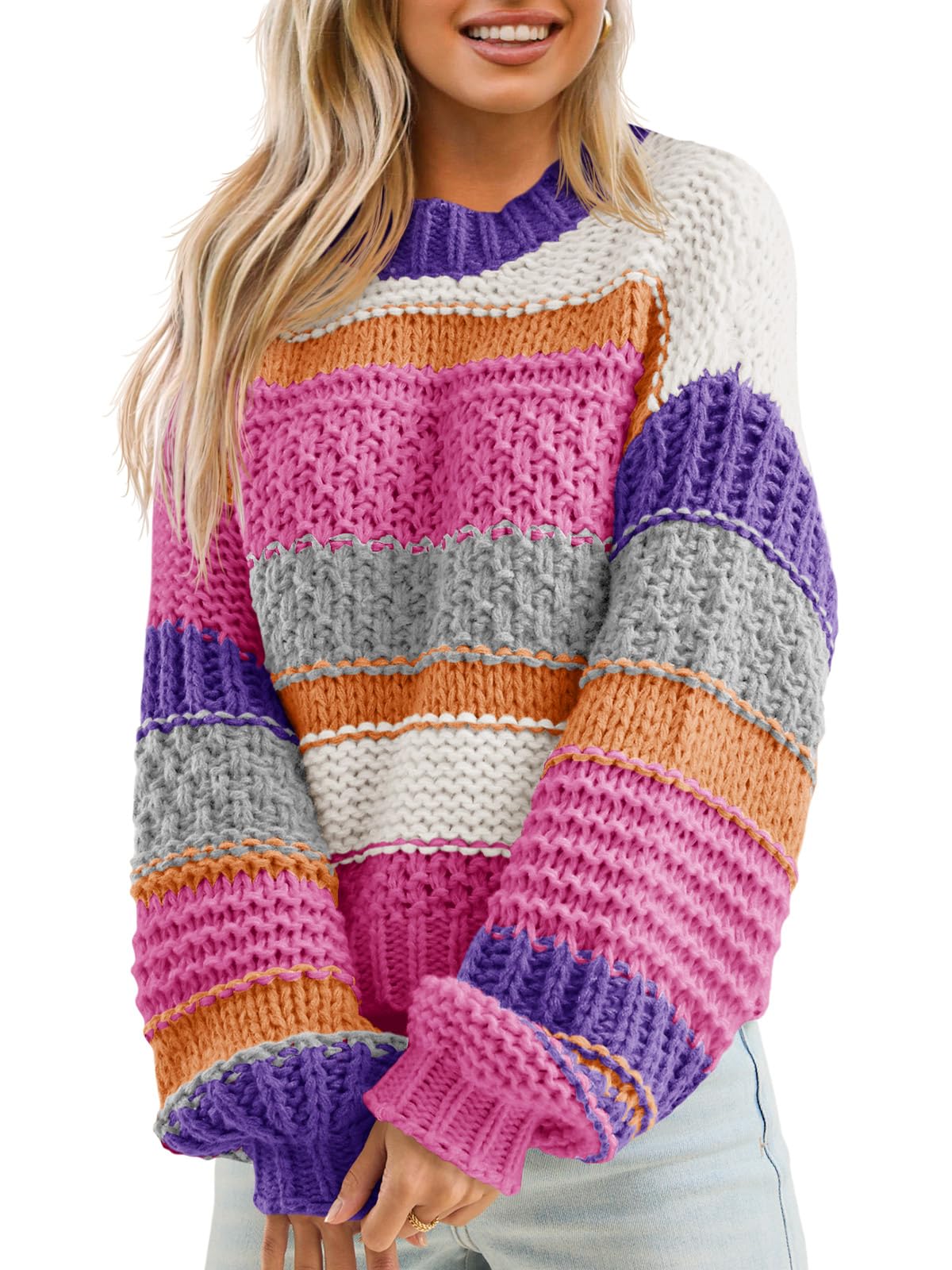 Saodimallsu Womens Color Block Sweater Striped Chunky Knit Cropped Sweaters