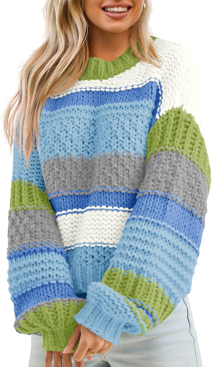 Saodimallsu Womens Color Block Sweater Striped Chunky Knit Cropped Sweaters