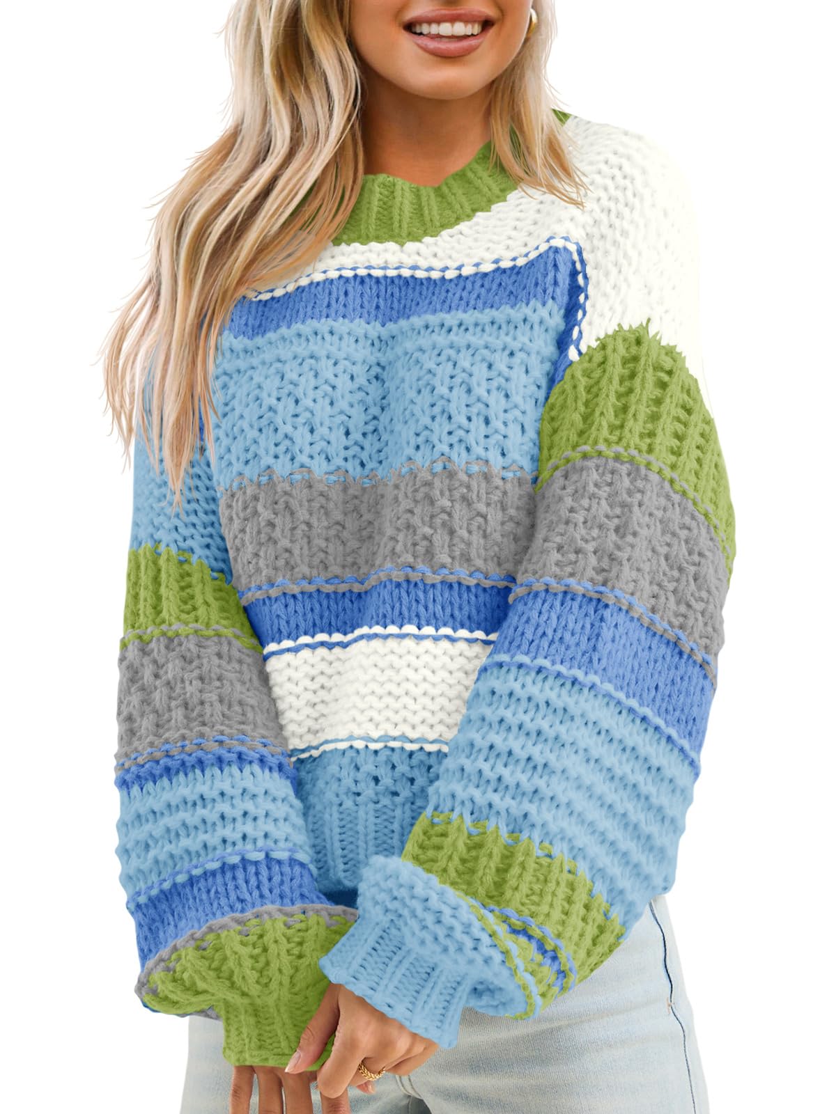 Saodimallsu Womens Color Block Sweater Striped Chunky Knit Cropped Sweaters