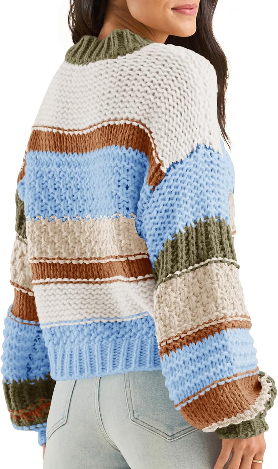 Saodimallsu Womens Color Block Sweater Striped Chunky Knit Cropped Sweaters
