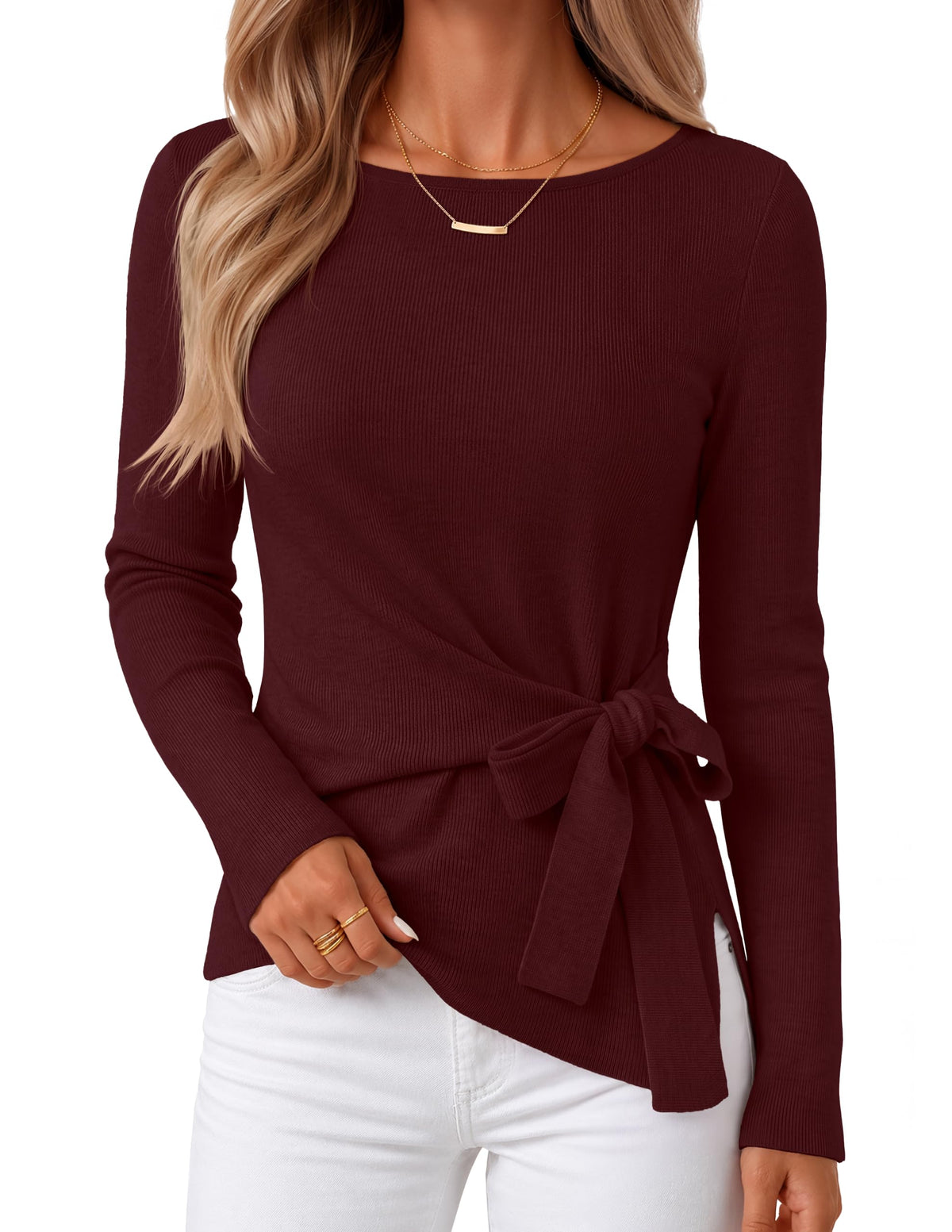 MEROKEETY Womens Fall Sweaters Trendy 2026 Tie Front Cinched Waist Tops