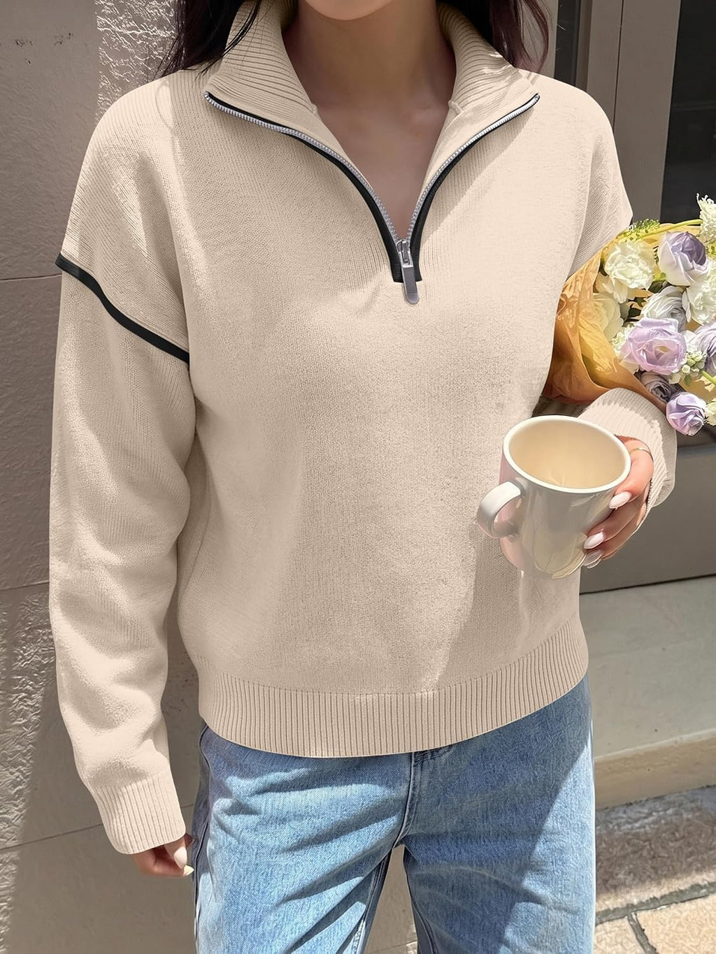 ANRABESS Sweaters for Women Quarter Zip Pullover Collared 2026 Fall Outfits