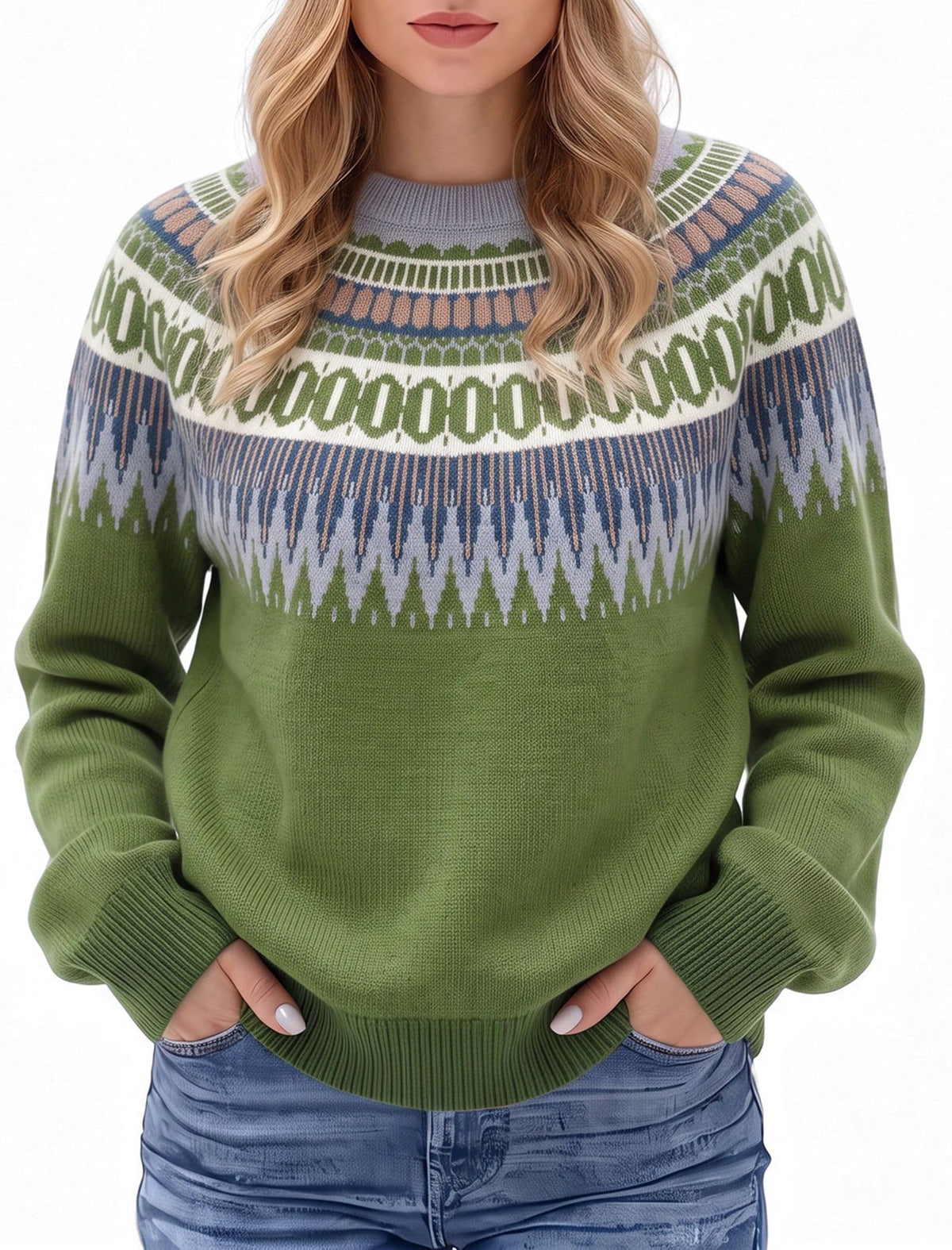 ZAFUL Women's Tribal Ethnic Graphic Cropped Knitwear Bohemian Long Sleeve Pullover Sweater Boho Drop Shoulder Knitted Top