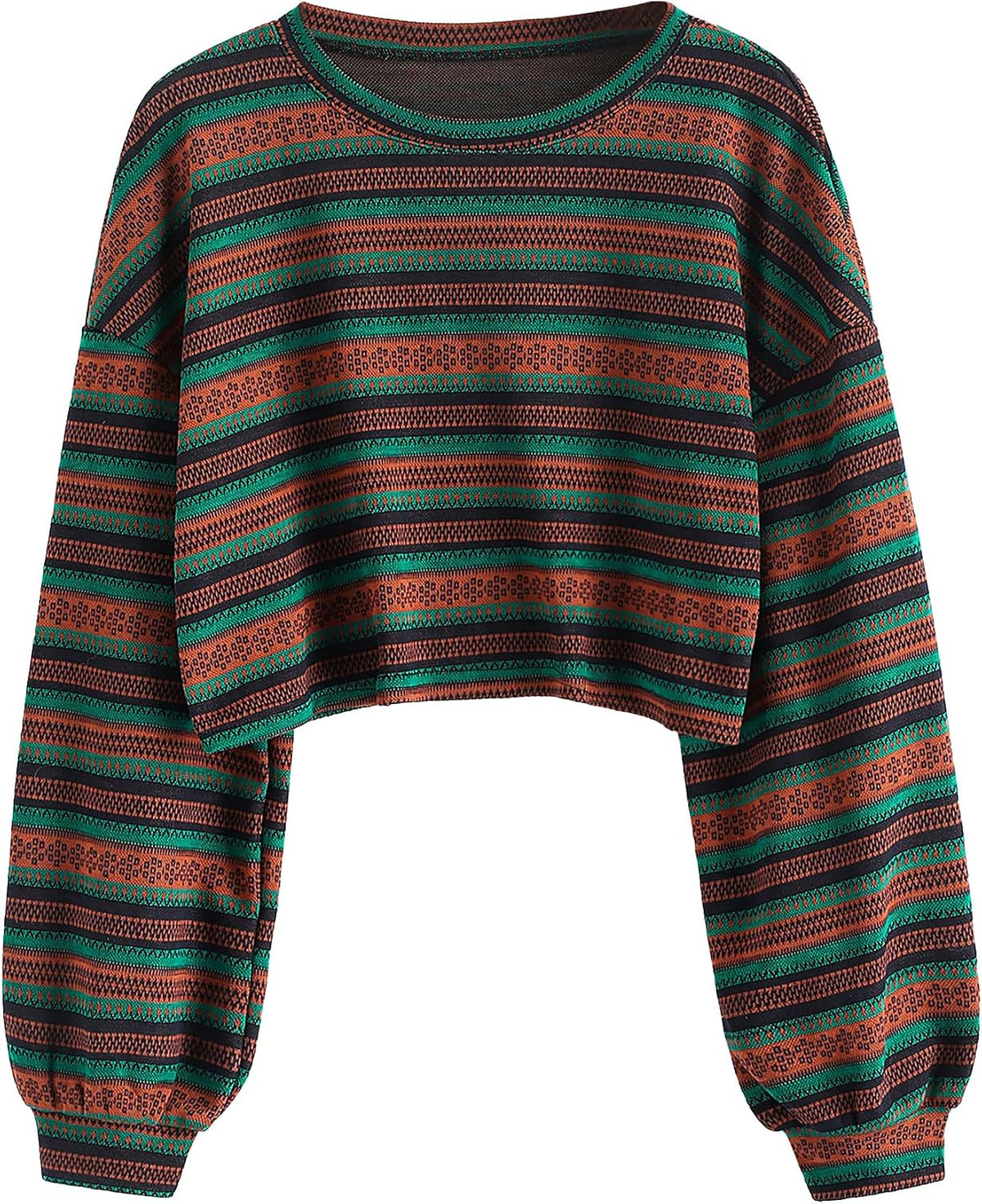 ZAFUL Women's Tribal Ethnic Graphic Cropped Knitwear Bohemian Long Sleeve Pullover Sweater Boho Drop Shoulder Knitted Top