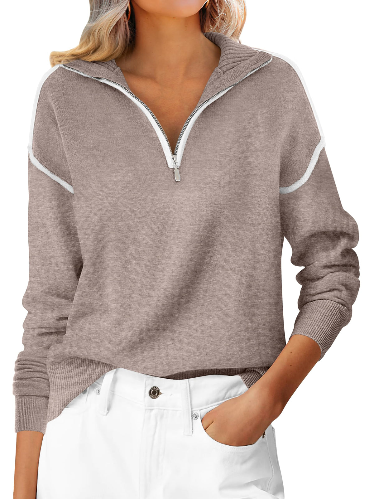 ANRABESS Sweaters for Women Quarter Zip Pullover Collared 2026 Fall Outfits