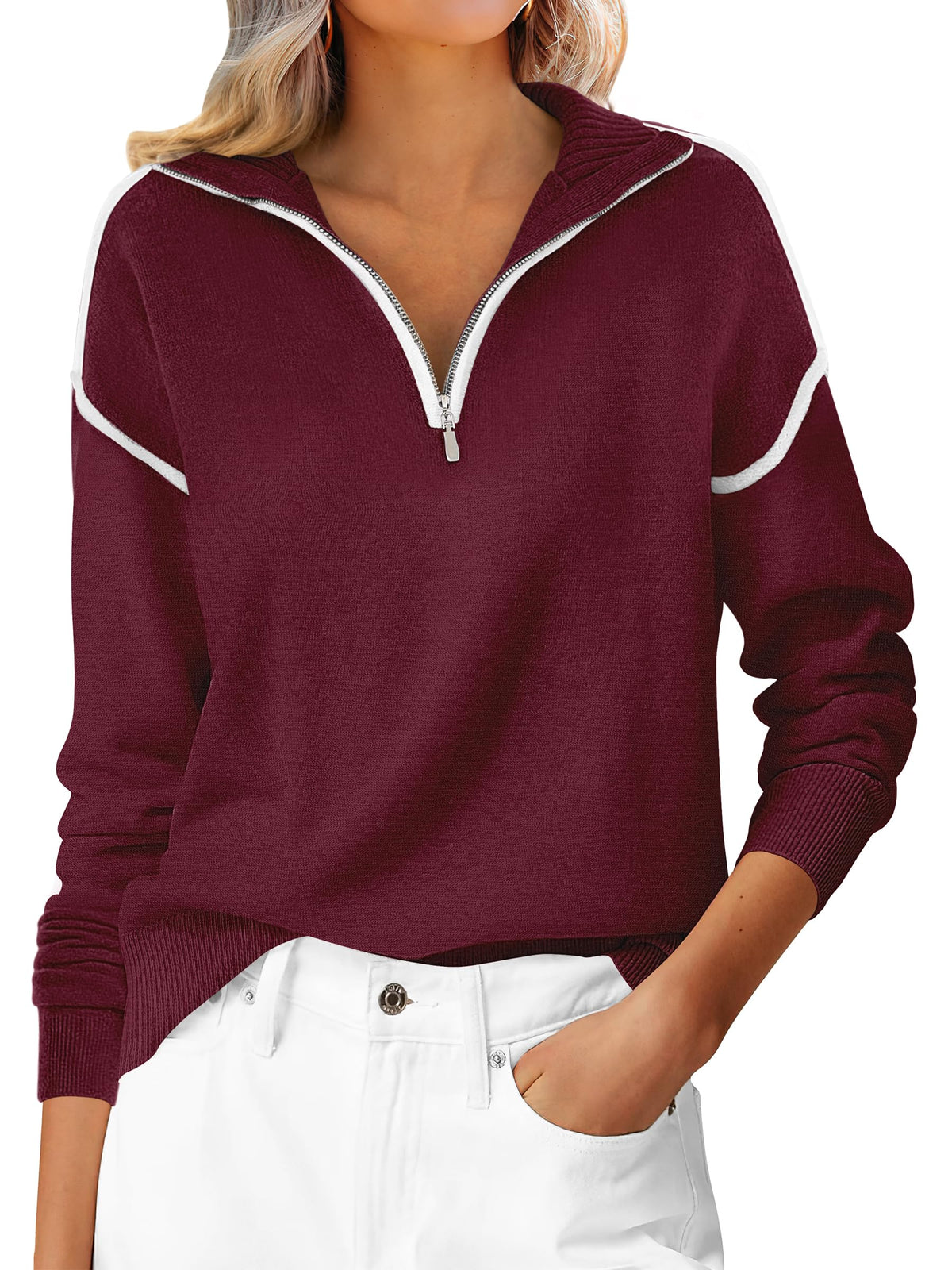 ANRABESS Sweaters for Women Quarter Zip Pullover Collared 2026 Fall Outfits