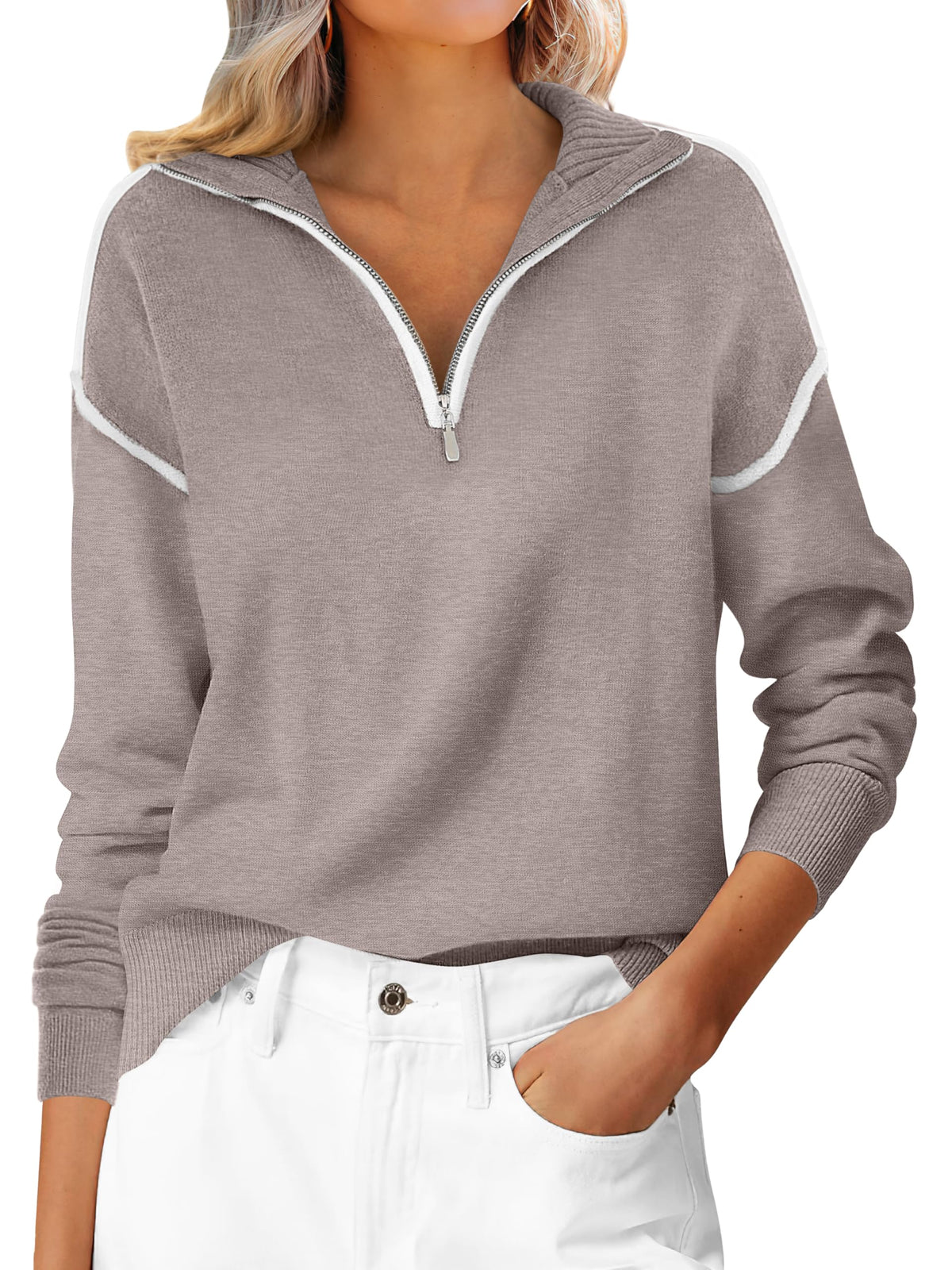 ANRABESS Sweaters for Women Quarter Zip Pullover Collared 2026 Fall Outfits