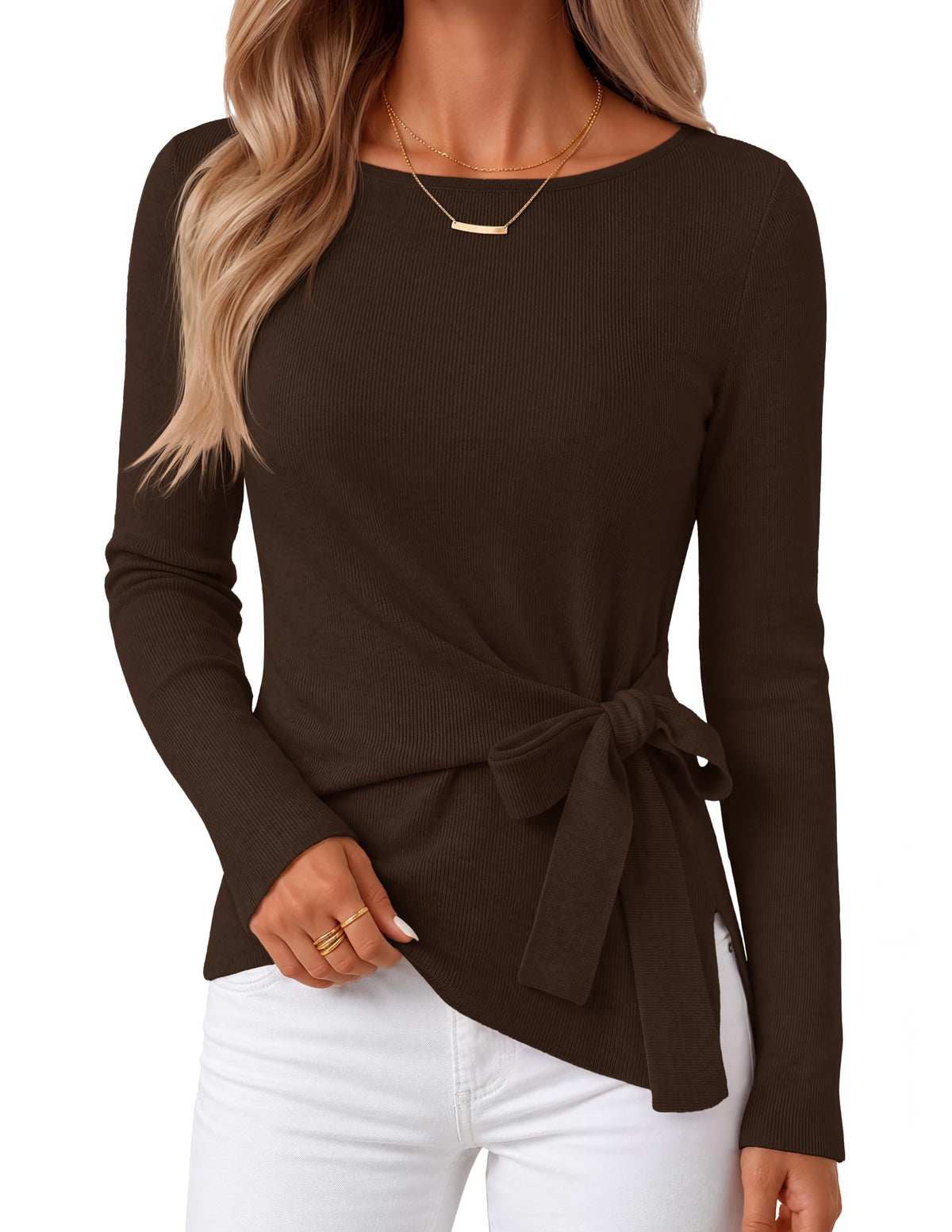 MEROKEETY Womens Fall Sweaters Trendy 2026 Tie Front Cinched Waist Tops