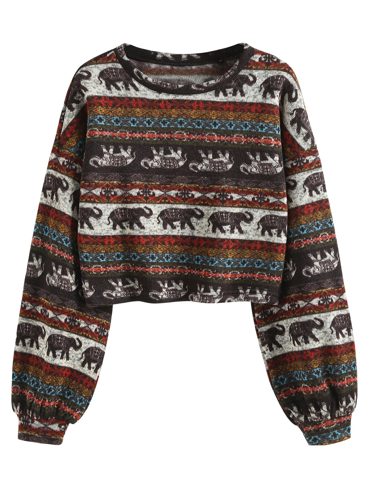 ZAFUL Women's Tribal Ethnic Graphic Cropped Knitwear Bohemian Long Sleeve Pullover Sweater Boho Drop Shoulder Knitted Top