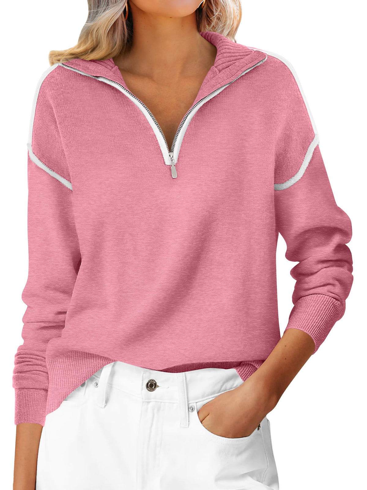 ANRABESS Sweaters for Women Quarter Zip Pullover Collared 2026 Fall Outfits