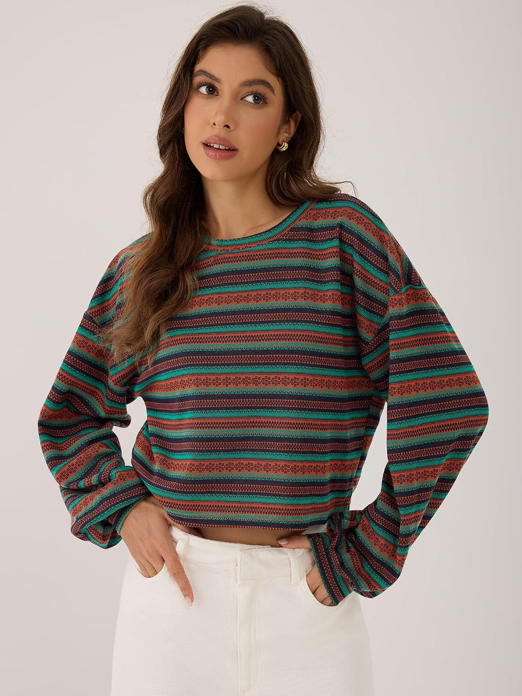 ZAFUL Women's Tribal Ethnic Graphic Cropped Knitwear Bohemian Long Sleeve Pullover Sweater Boho Drop Shoulder Knitted Top