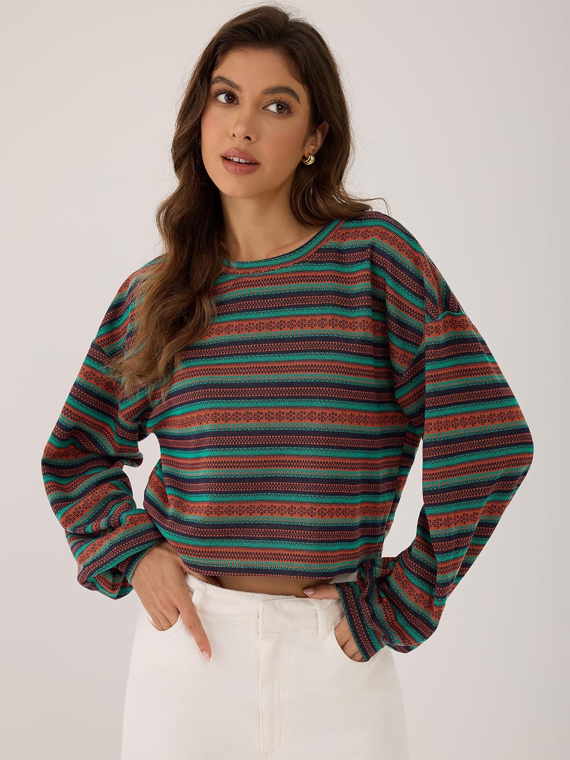 ZAFUL Women's Tribal Ethnic Graphic Cropped Knitwear Bohemian Long Sleeve Pullover Sweater Boho Drop Shoulder Knitted Top