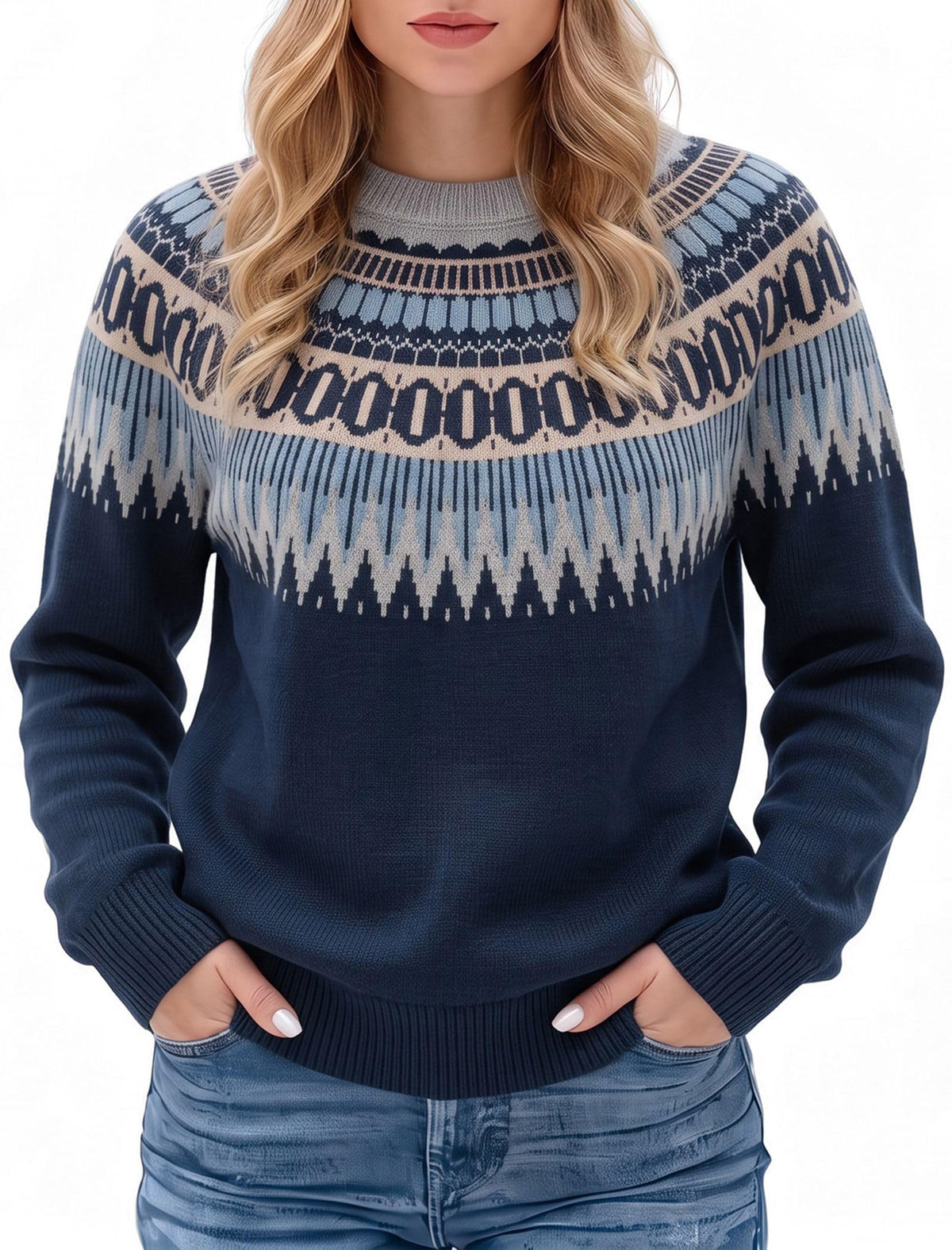 ZAFUL Women's Tribal Ethnic Graphic Cropped Knitwear Bohemian Long Sleeve Pullover Sweater Boho Drop Shoulder Knitted Top