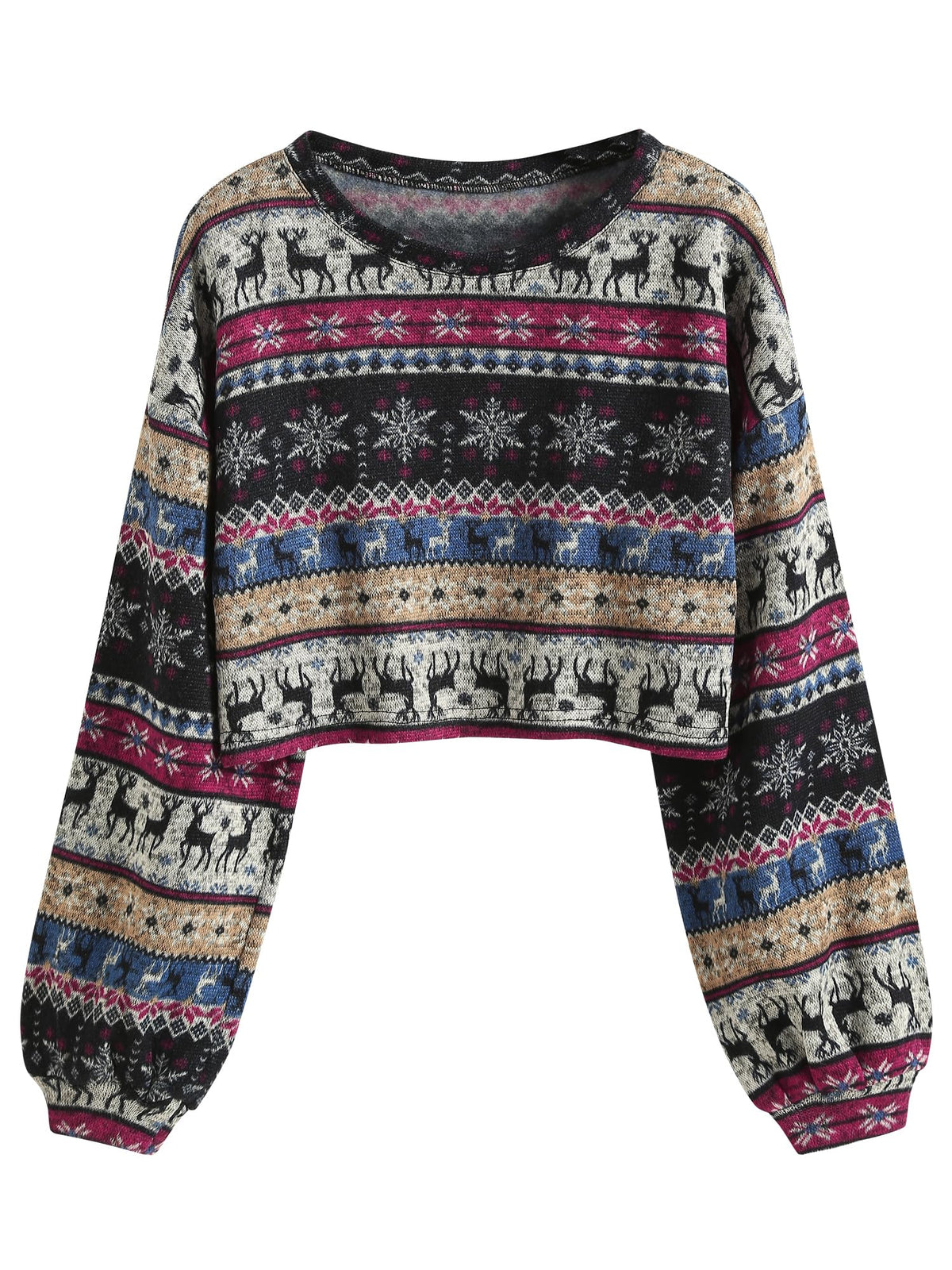ZAFUL Women's Tribal Ethnic Graphic Cropped Knitwear Bohemian Long Sleeve Pullover Sweater Boho Drop Shoulder Knitted Top