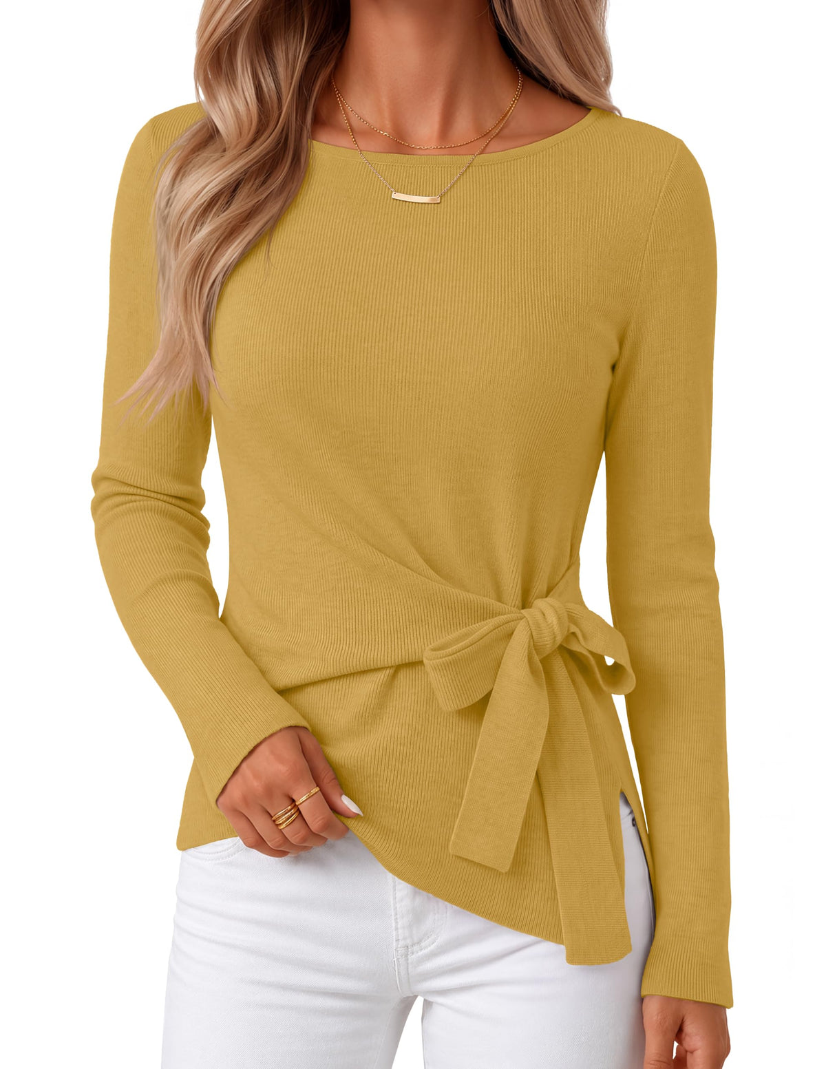 MEROKEETY Womens Fall Sweaters Trendy 2026 Tie Front Cinched Waist Tops