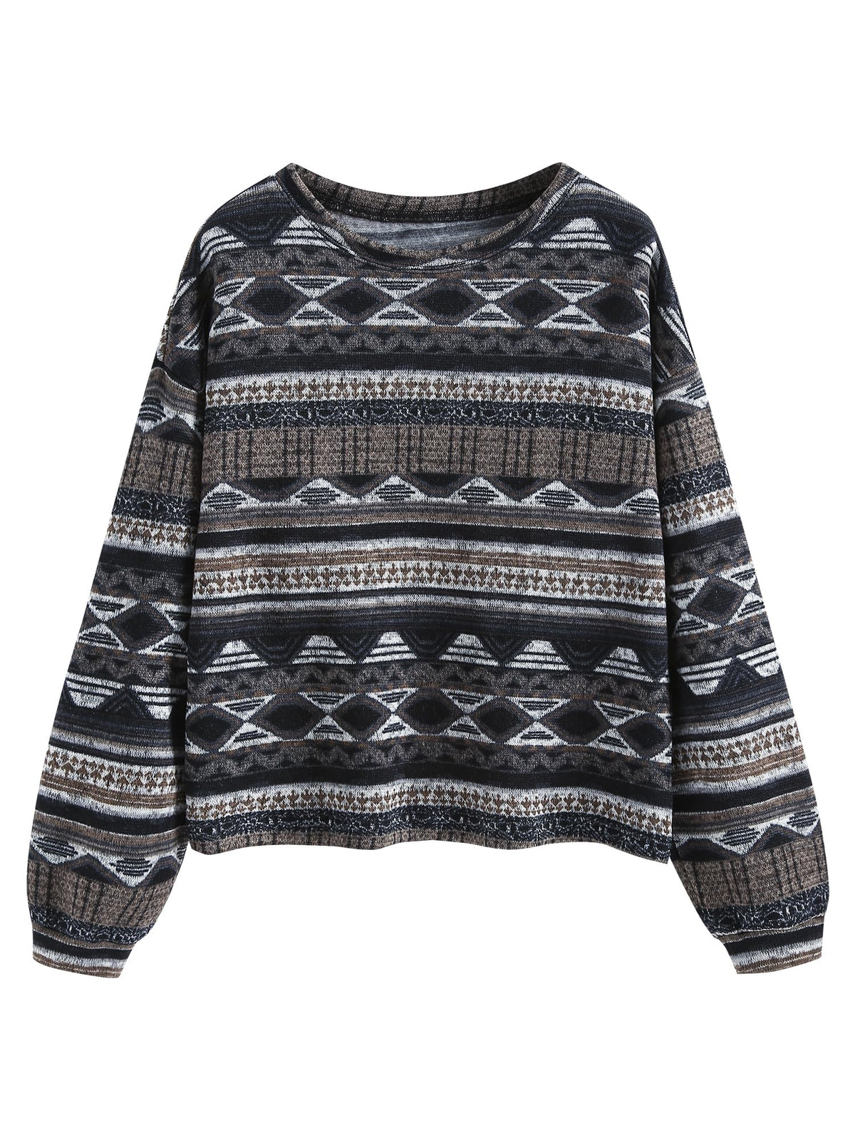 ZAFUL Women's Tribal Ethnic Graphic Cropped Knitwear Bohemian Long Sleeve Pullover Sweater Boho Drop Shoulder Knitted Top