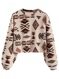 ZAFUL Women's Tribal Ethnic Graphic Cropped Knitwear Bohemian Long Sleeve Pullover Sweater Boho Drop Shoulder Knitted Top
