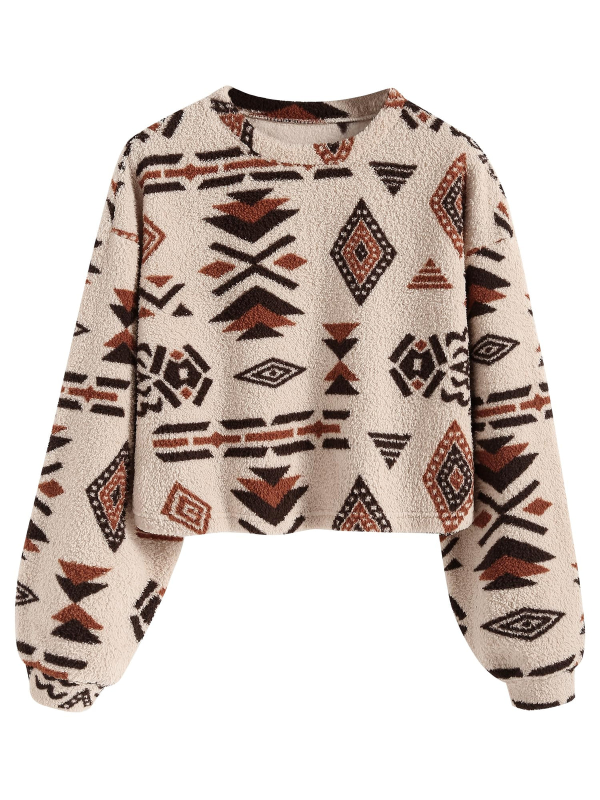 ZAFUL Women's Tribal Ethnic Graphic Cropped Knitwear Bohemian Long Sleeve Pullover Sweater Boho Drop Shoulder Knitted Top