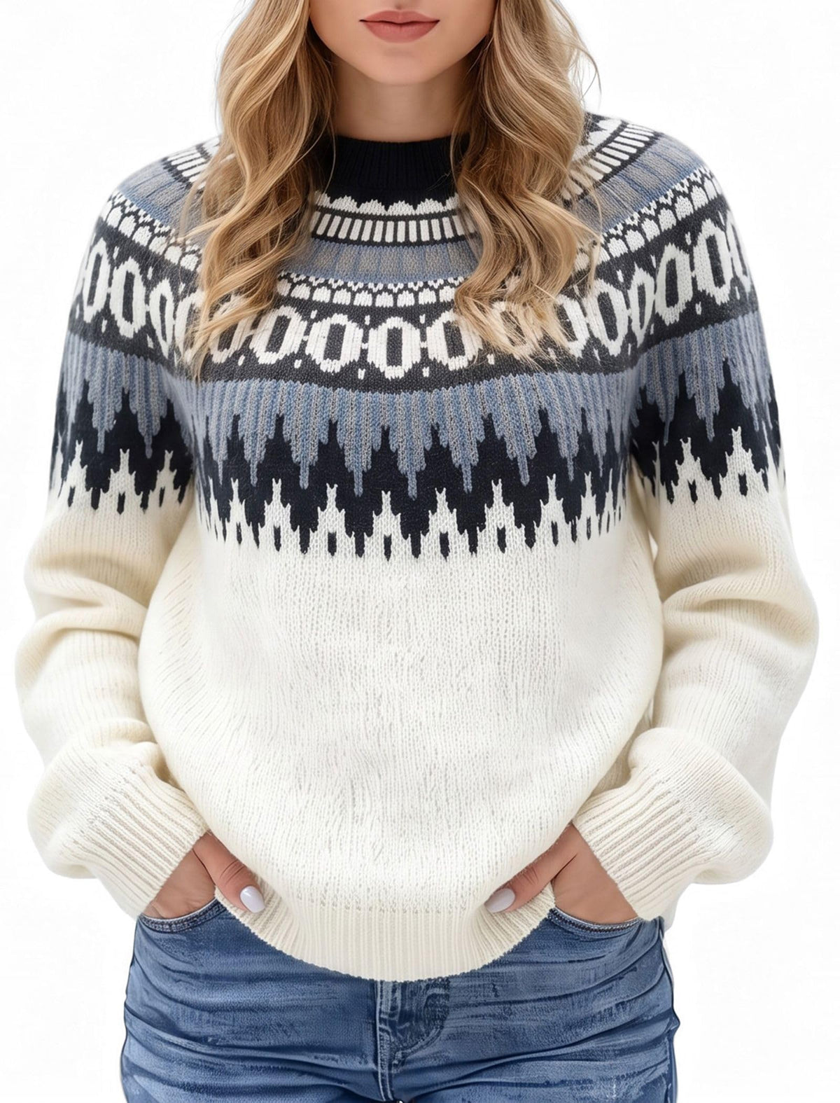 ZAFUL Women's Tribal Ethnic Graphic Cropped Knitwear Bohemian Long Sleeve Pullover Sweater Boho Drop Shoulder Knitted Top