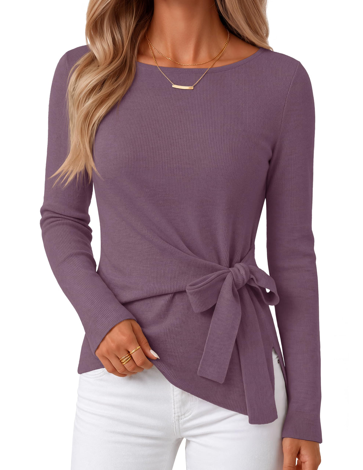 MEROKEETY Womens Fall Sweaters Trendy 2026 Tie Front Cinched Waist Tops