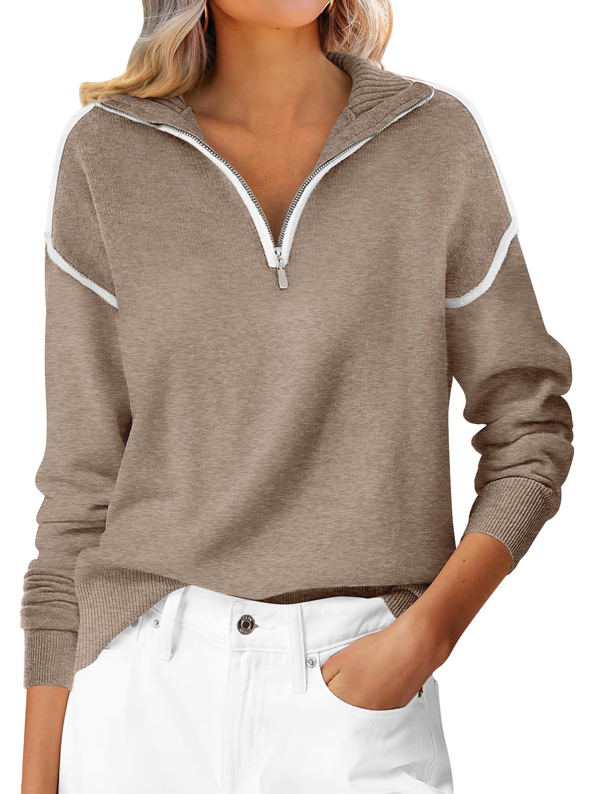 ANRABESS Sweaters for Women Quarter Zip Pullover Collared 2026 Fall Outfits